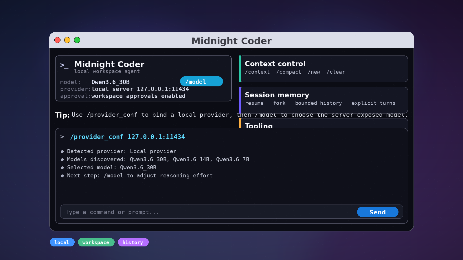 Midnight Coder terminal interface preview